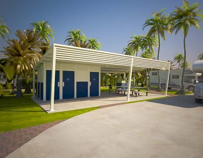 Atlantis 3 Shelter Toilet Building with Deep Ocean and Surf Mist colour scheme